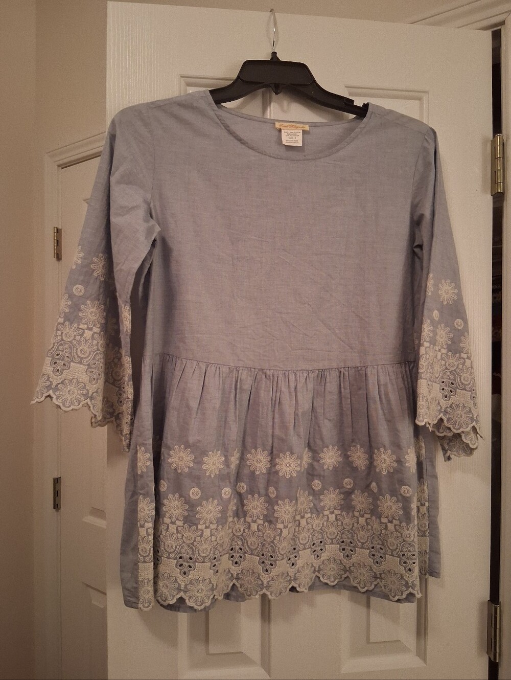 Light Blue Embroidered Peasant Tunic Top - Women